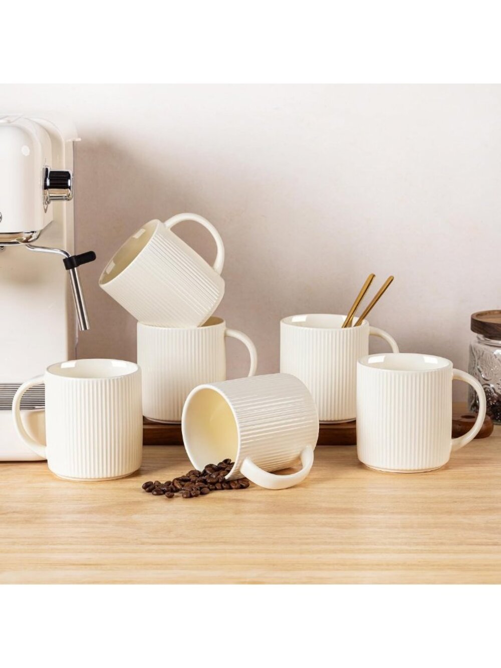 Set of 6 Ceramic Coffee Mugs, 14.2 oz Stylish Cups with Handle for Home & Office